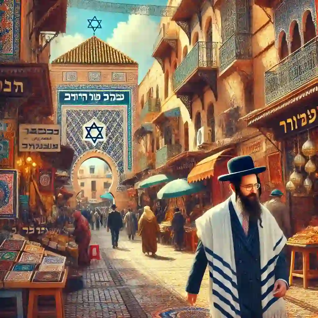 יהודים במרוקו: קהילות יהודיות כיום סצנת רחוב תוססת בעיר מרוקאית, לוכדת את המהות של קהילה יהודית במרוקו כיום. התמונה מציגה גבר יהודי מסורתי חובש כיפה וטלית, צועד לאורך רחוב שלאורכו מבנים מרוקאיים צבעוניים ועיצובי פסיפס מורכבים. האווירה תוססת עם אנשים שקונים בדוכנים ובשווקים המקומיים, עם שלטים בעברית ובערבית. הצבעים עשירים וחמים, המשקפים את השילוב התרבותי האותנטי ואת החיים הסואנים של הקהילה.