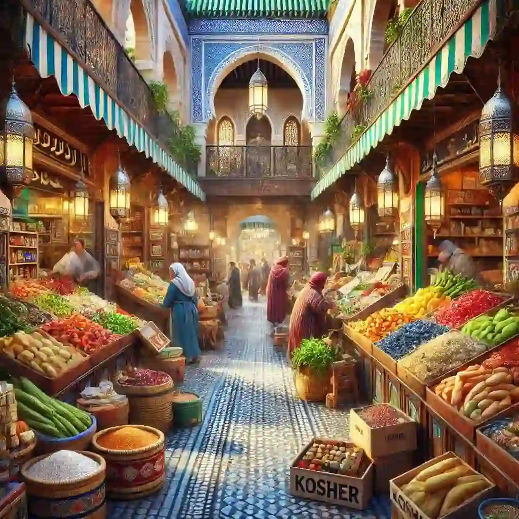 אוכל כשר במרוקו: איפה למצוא ומה לאכול תמונה תוססת ומציאותית של שוק רחוב מרוקאי מסורתי המציג דוכנים צבעוניים עם תוצרת טרייה, תבלינים ופריטי אוכל מרוקאים מסורתיים. בשוק יש אווירה תוססת עם אנשים גולשים וקונים פריטים. הסצנה לוכדת את המרקמים והצבעים העשירים, המשקפים את ההיצע הקולינרי המגוונים, כולל מוצרים כשרים. הארכיטקטורה והעיצוב אופייניים לסגנון מרוקאי, עם פתחים מקושתים ועבודת אריחים מורכבת.