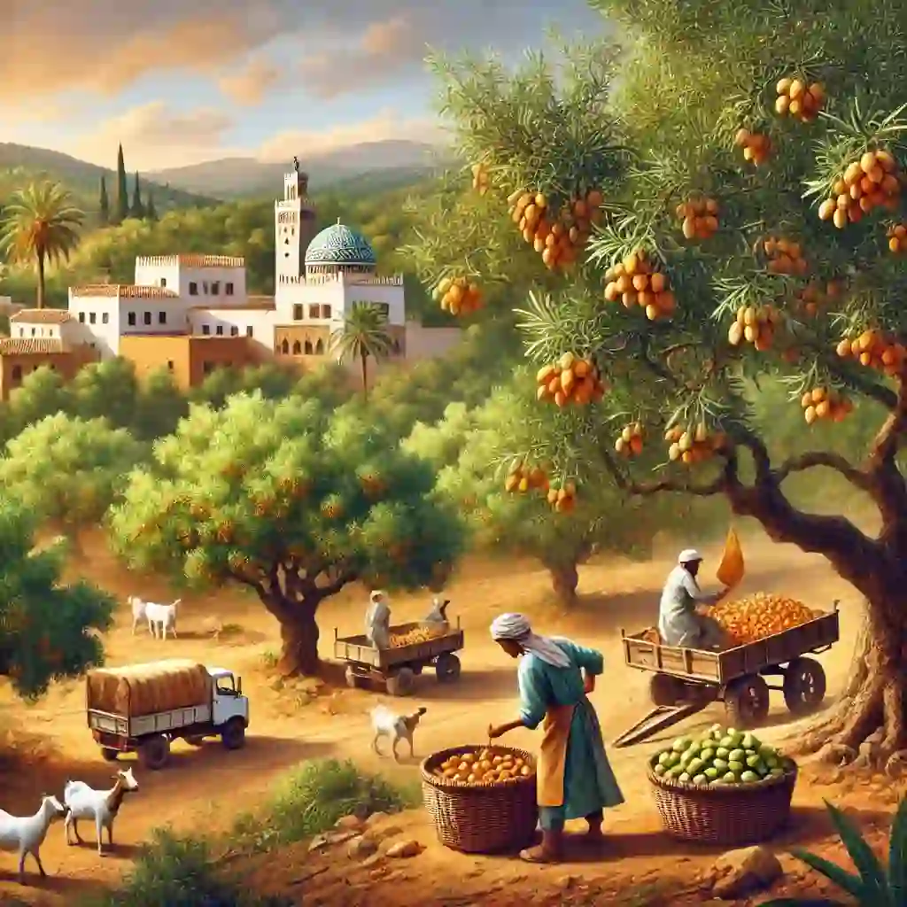 תיאור ריאליסטי של חווה מרוקאית בדרום, המציג את תהליך הפקת שמן הארגן. התמונה מציגה פועלים הקוצרים פירות ארגן מעצים, נוף יפהפה עם עיזים, ואדריכלות מרוקאית מסורתית ברקע. הצבעים מרהיבים עם עצים ירוקים, פירות זהובים וגווני אדמה של המבנים והאדמה.