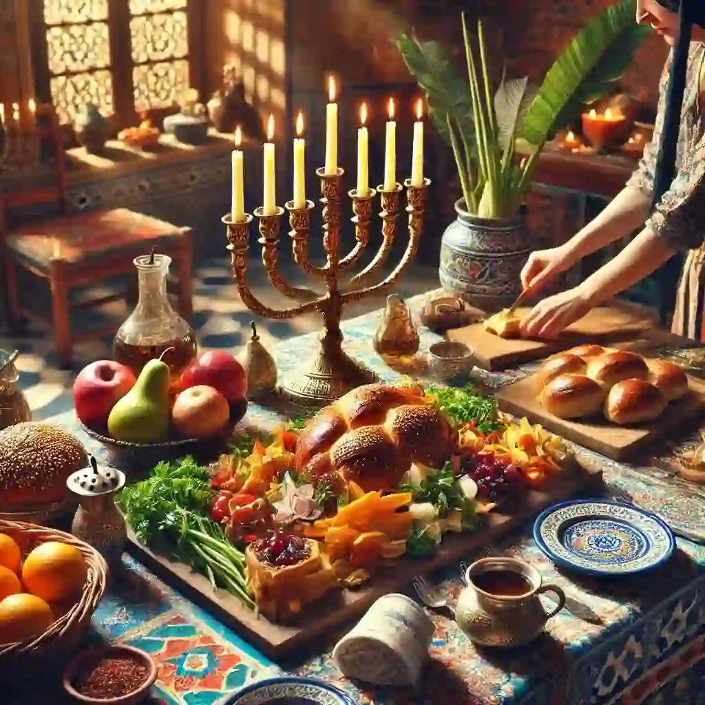 יהודים במרוקו: קהילות יהודיות כיום תמונת תקריב של מאכל מרוקאי מסורתי שמכינים במטבח יהודי. התמונה מציגה שולחן מעוצב להפליא עם פמוטים יהודיים מסורתיים ולחם חלה. הצבעים עזים עם מגוון עשיר של מרכיבים, כולל ירקות טריים, עשבי תיבול ותבלינים. הסצנה כוללת אישה בלבוש יהודי מסורתי, המכינה את הארוחה בקפידה ותשומת לב לפרטים. במטבח יש אלמנטים של עיצוב מרוקאי, כמו אריחים צבעוניים ודוגמאות מורכבות, המוסיפים לאותנטיות ולחמימות של התפאורה.