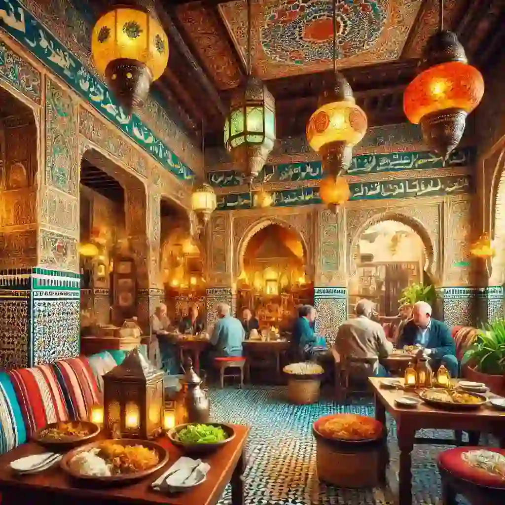 אוכל כשר במרוקו: איפה למצוא ומה לאכול תמונה אותנטית ותוססת של פנים מסעדה מרוקאית כשרה, הכוללת עיצוב מסורתי עם דפוסי אריחים מורכבים, פנסים מעוטרים ורהיטי עץ. במסעדה אווירה חמימה ומזמינה עם שולחנות ערוכים עם צלחות של מנות מרוקאיות, כמו קוסקוס, טאג'ין וסלטים טריים. משפחה יושבת, נהנית מהארוחה, מדגישה את חווית האוכל המשותפת. הסצנה לוכדת את הצבעים והמרקמים העשירים, מציגה את היופי והאותנטיות של האוכל הכשר במרוקו.